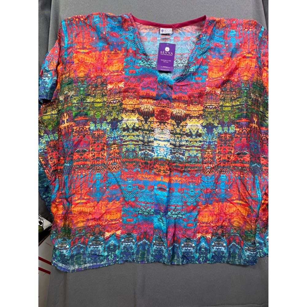 Sevya Handmade India Tunic Top Women's One Size Abstract Print V-Neck Kaftan NEW
